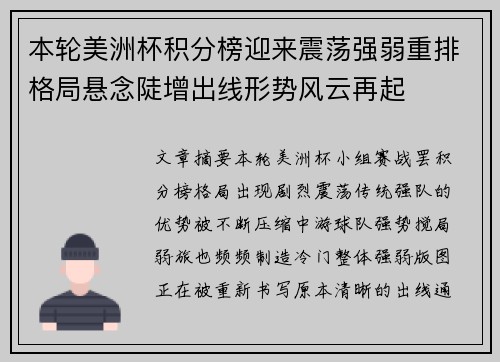 本轮美洲杯积分榜迎来震荡强弱重排格局悬念陡增出线形势风云再起